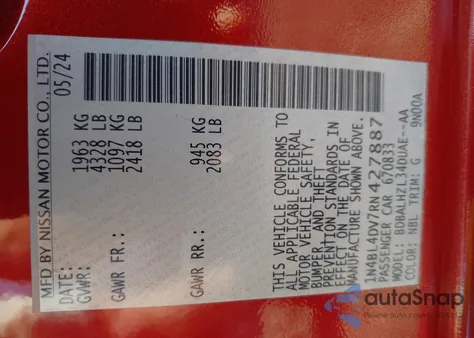 2024 Nissan Altima Sv Fwd from USA, damaged, VIN 1N4BL4DV7RN427887